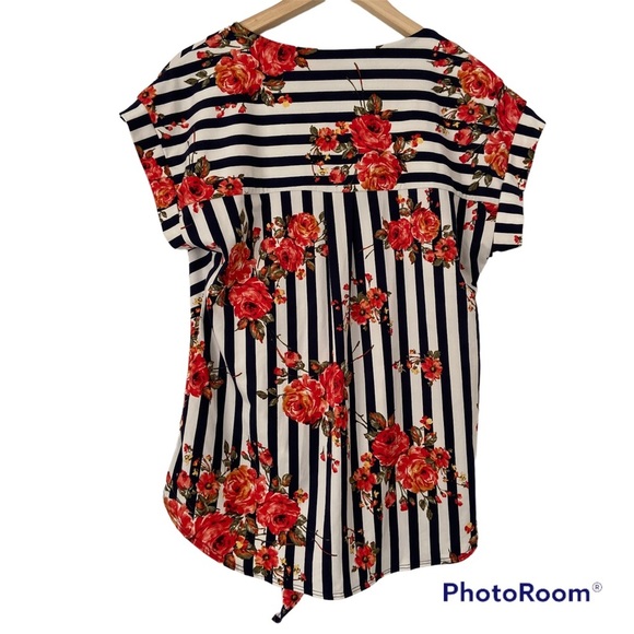 FAITH & JOY BY MONTEAU NAVY/WHITE STRIPED WITH RED FLORAL VNECK TIE TOP, MED - Picture 2 of 10